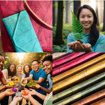 Collage showing colourful leaf leather products, diverse people celebrating nature, and a woman holding a green fern plant.